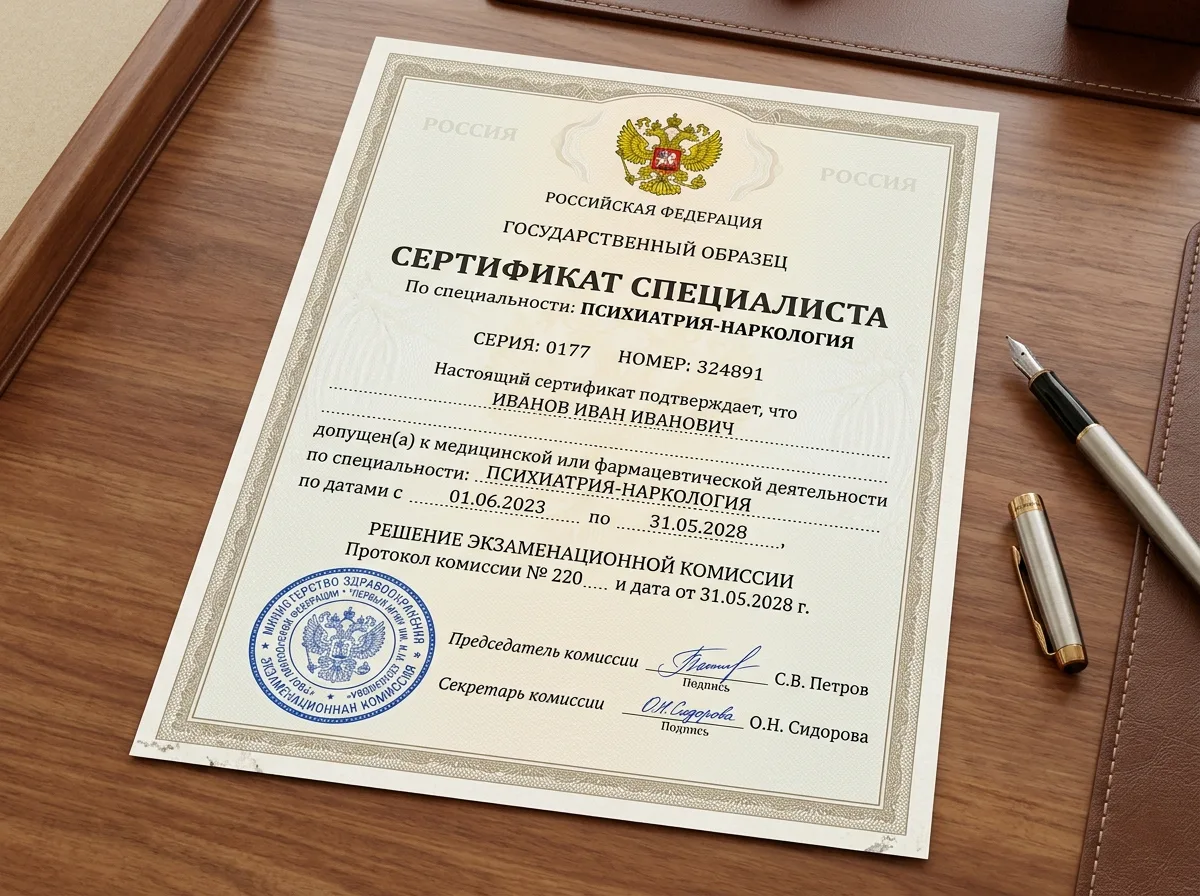 Сертификат специалиста психиатра-нарколога: государственный бланк с гербом, номер 0177324891, подписи членов комиссии