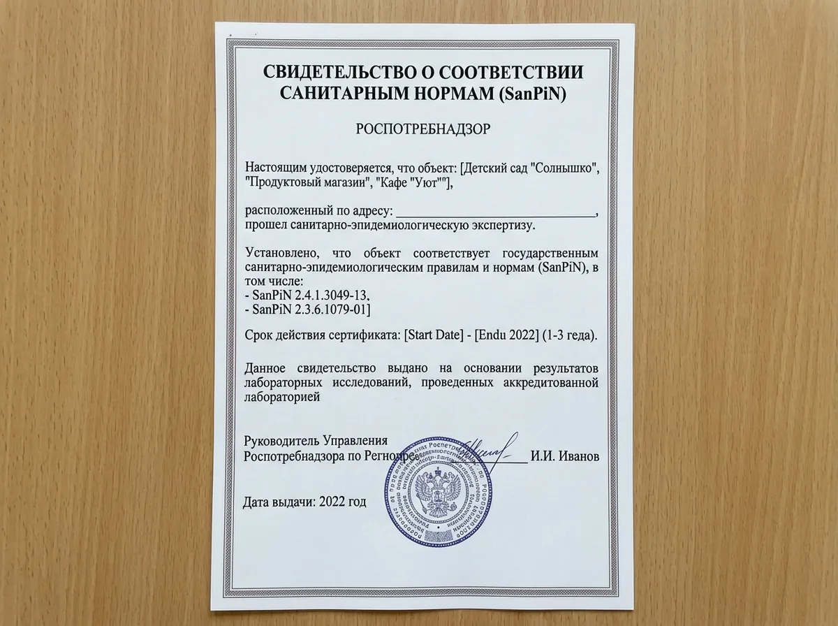 Свидетельство о соответствии санитарным нормам СанПиН: Роспотребнадзор, печать и подпись, 2022 год