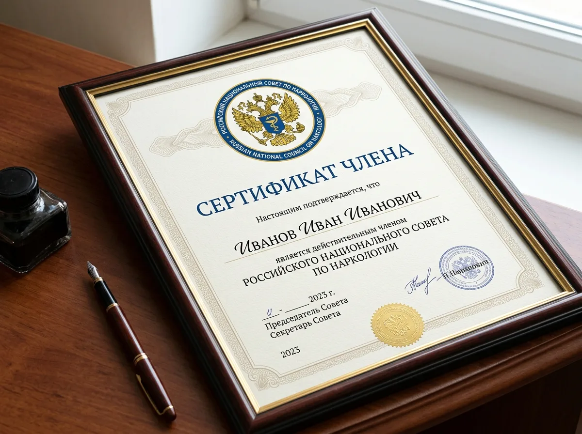 Сертификат члена Российского национального совета по наркологии: официальный бланк с логотипом организации