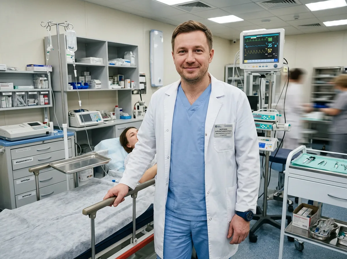 Морозов Алексей Владимирович — врач психиатр-нарколог стационара, мужчина 40 лет в голубой медицинской форме, процедурный кабинет с оборудованием