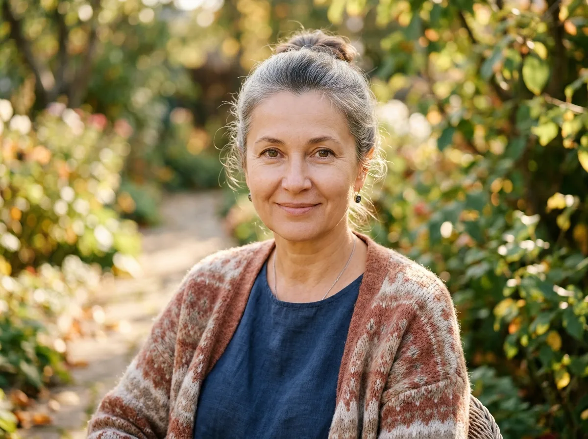 Аватар Марины Д., женщина около 50 лет, тёплый портрет, волосы собраны, спокойный взгляд